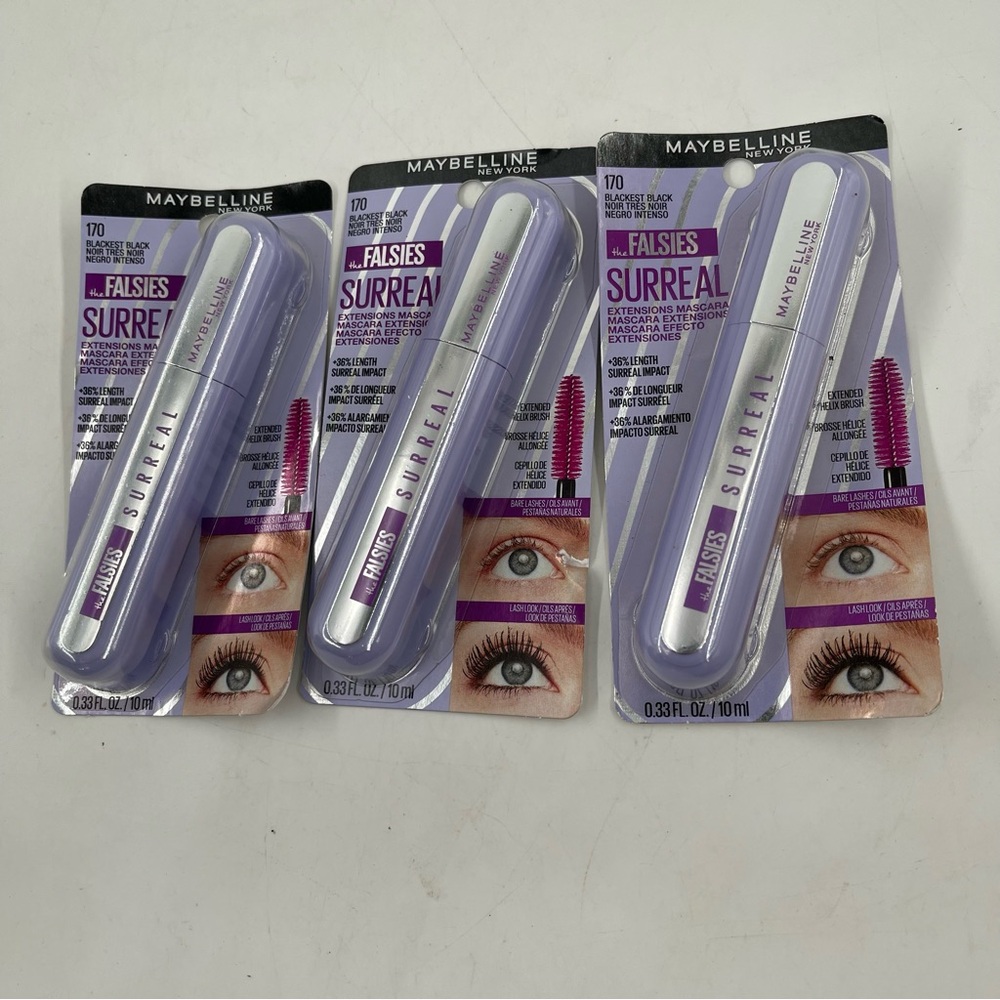 Lot of 3 - Maybelline Falsies SURREAL Washable Extensions Mascara-Blackest-Black